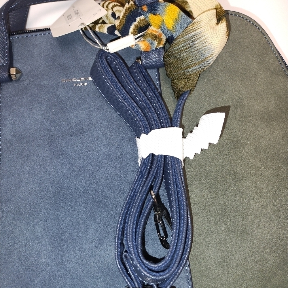 Colorblock Suede & Faux Leather Tote Bag with Scarf Accent – Navy & Gray - Picture 5 of 8